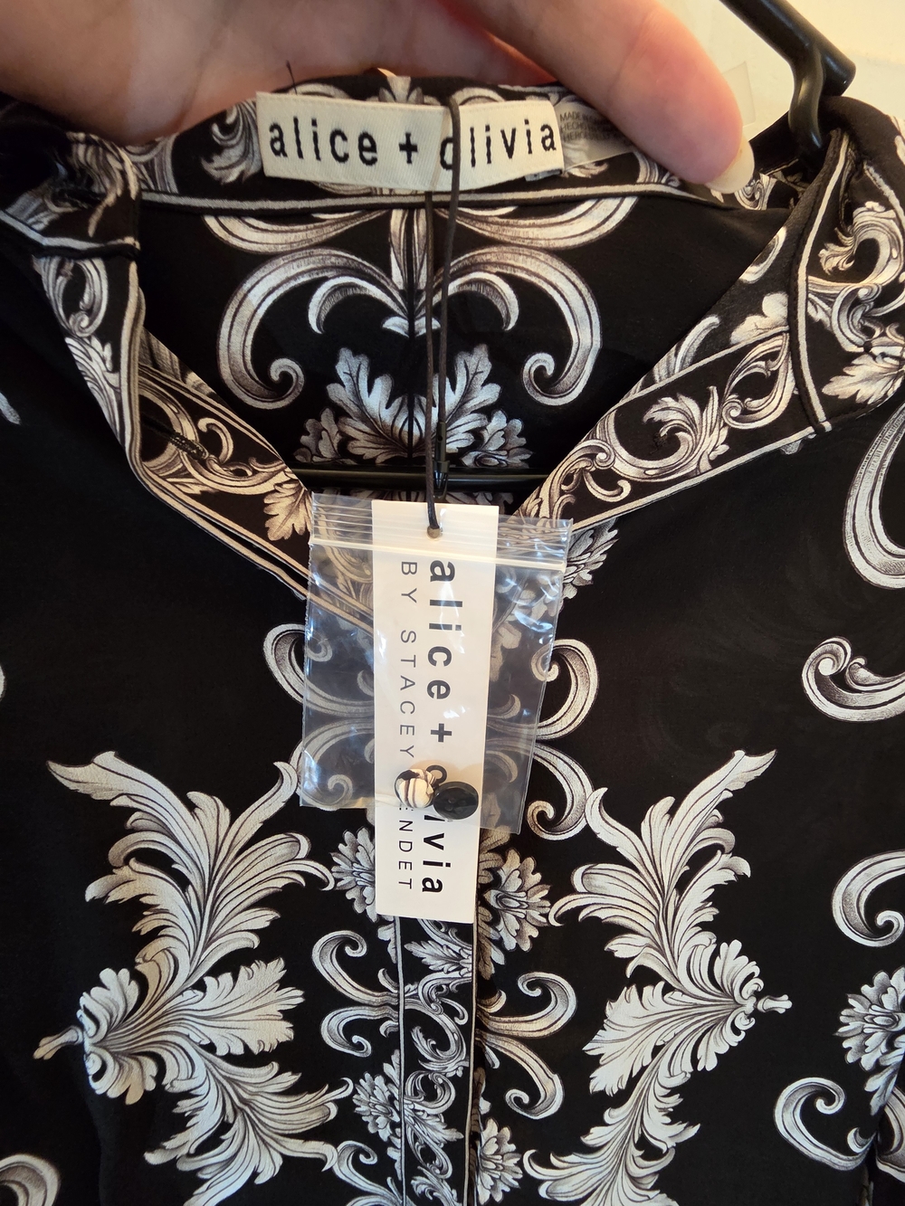 Alice + Olivia Black and Ivory Scroll-Print Button-Down Blouse - Picture 6 of 8